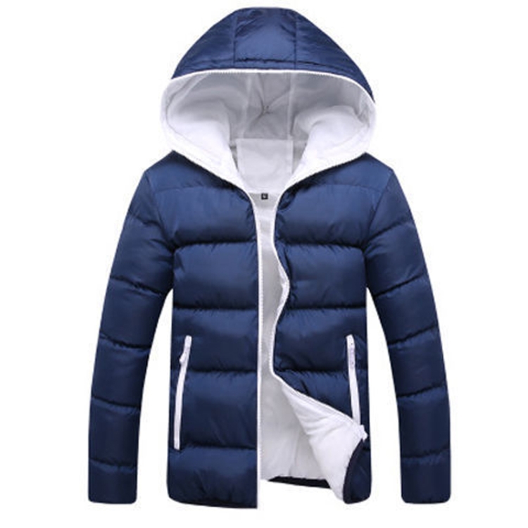 Stylish Slim Men Hooded Cotton Coat, Size:L(Dark Blue + White)(Dark Blue + White)