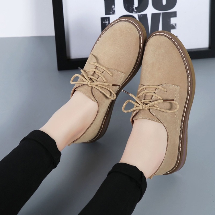 Suede Flat Bottom Lace-up Wear Resistant Fashion Casual Shoes for Woman (Color:Khaki Size:36)
