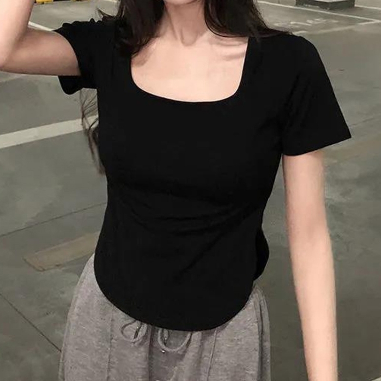 Summer Big U-neck Babes Look Thin Slim Fit Irregular Top, Size: L(Black)