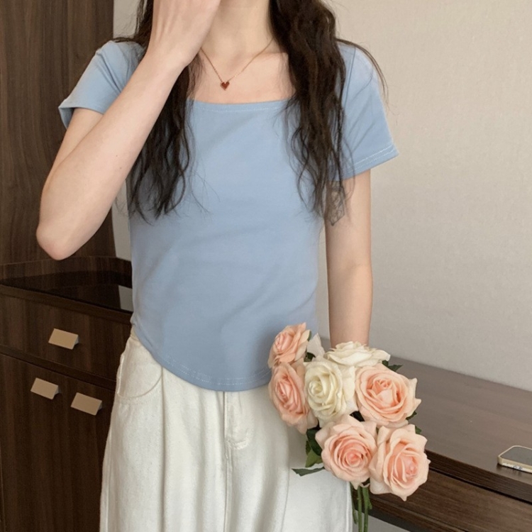 Summer Big U-neck Babes Look Thin Slim Fit Irregular Top, Size: L(Fog Blue)