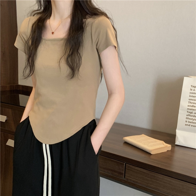 Summer Big U-neck Babes Look Thin Slim Fit Irregular Top, Size: L(Khaki)
