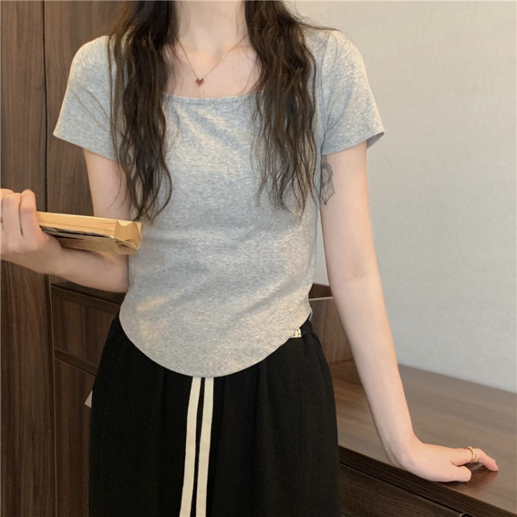 Summer Big U-neck Babes Look Thin Slim Fit Irregular Top, Size: M(Grey)