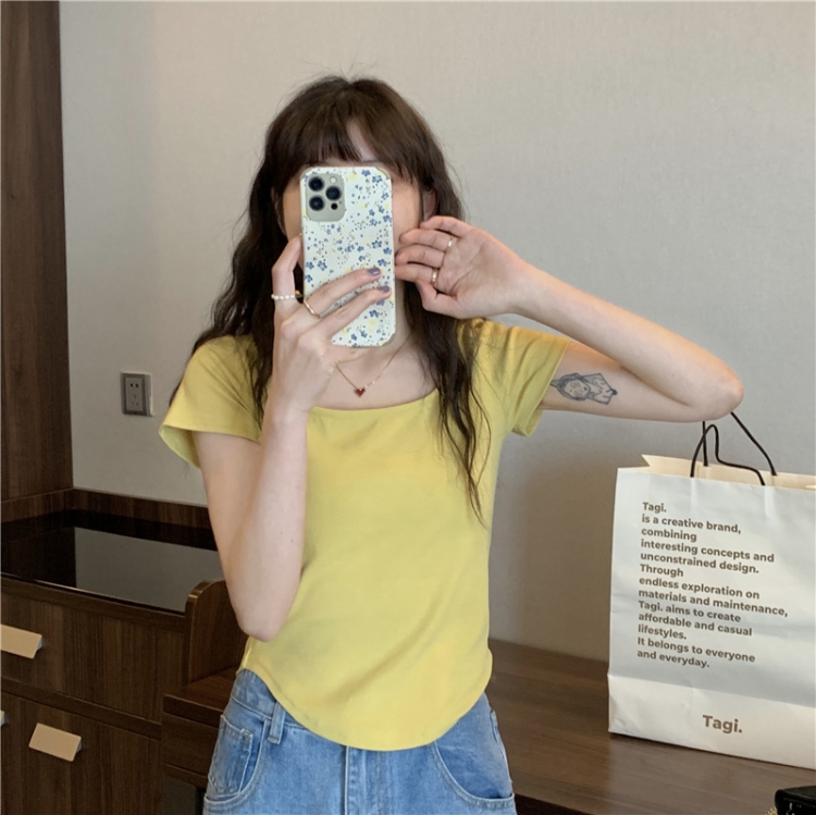 Summer Big U-neck Babes Look Thin Slim Fit Irregular Top, Size: M(Yellow)
