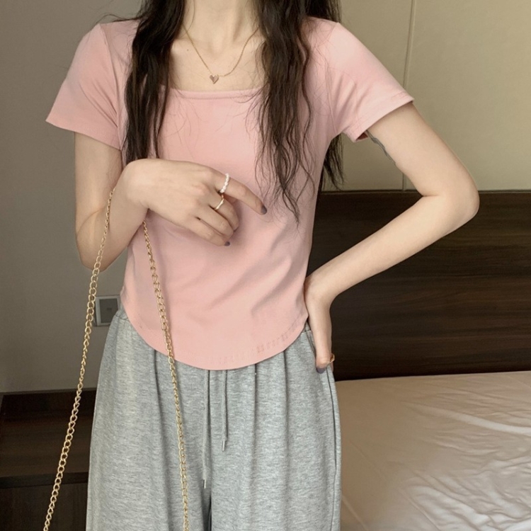 Summer Big U-neck Babes Look Thin Slim Fit Irregular Top, Size: XXL(Pink)