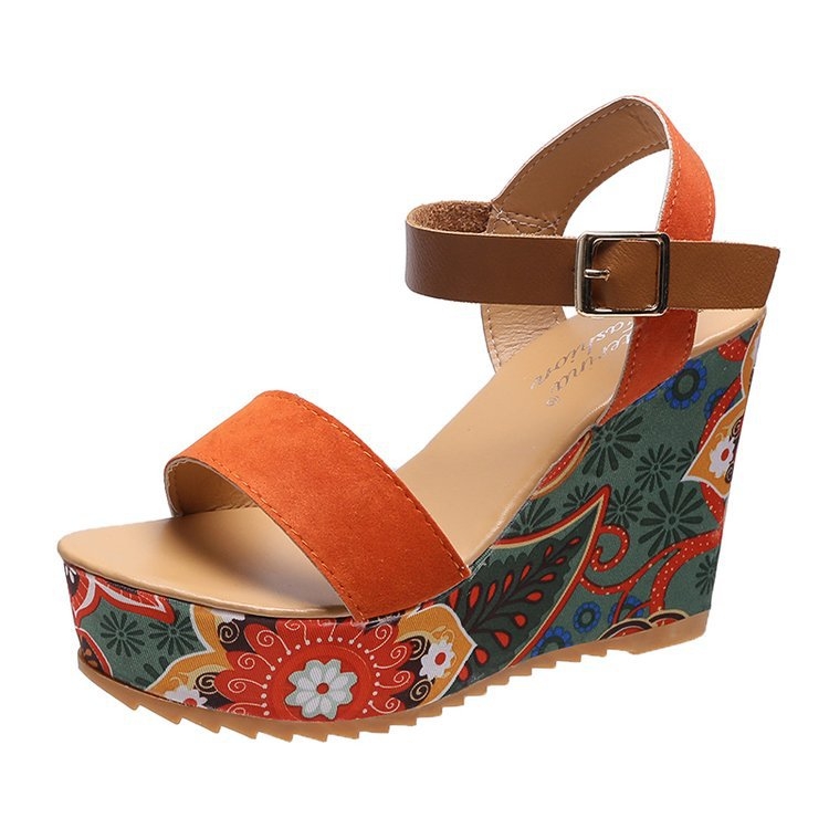 Summer Floral Fabric Slope Heel Women Sandals Comfortable Casual High Heels, Size: 36(Orange)