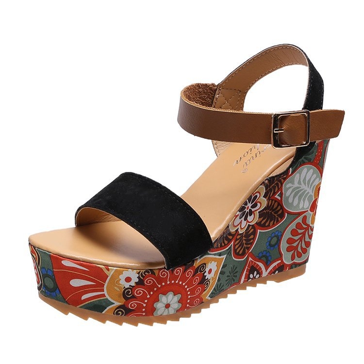 Summer Floral Fabric Slope Heel Women Sandals Comfortable Casual High Heels, Size: 38(Black)