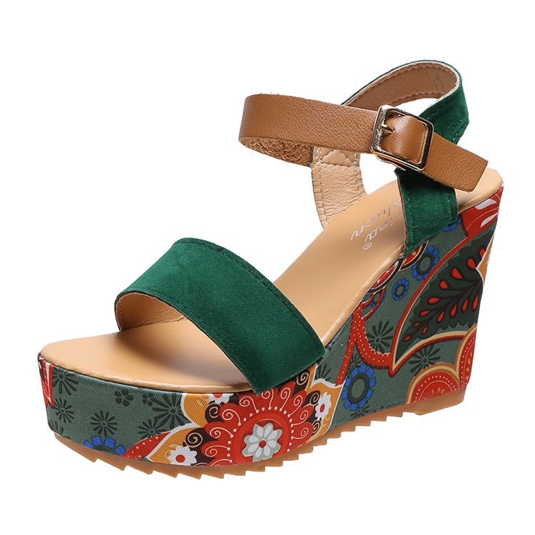 Summer Floral Fabric Slope Heel Women Sandals Comfortable Casual High Heels, Size: 40(Green)