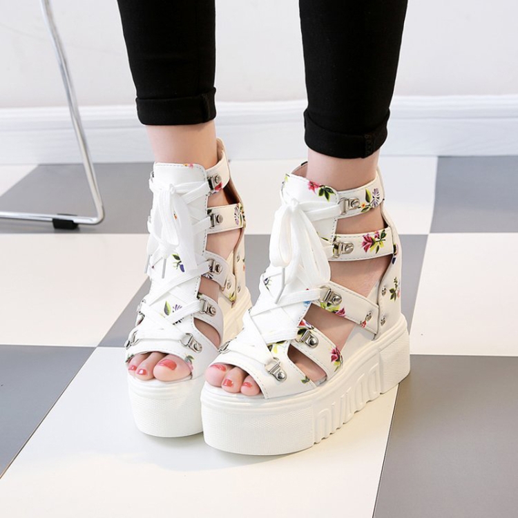 Summer Roman Sandals High Heel Floral Printed Cross Strap Women Shoes, Size: 41(White)