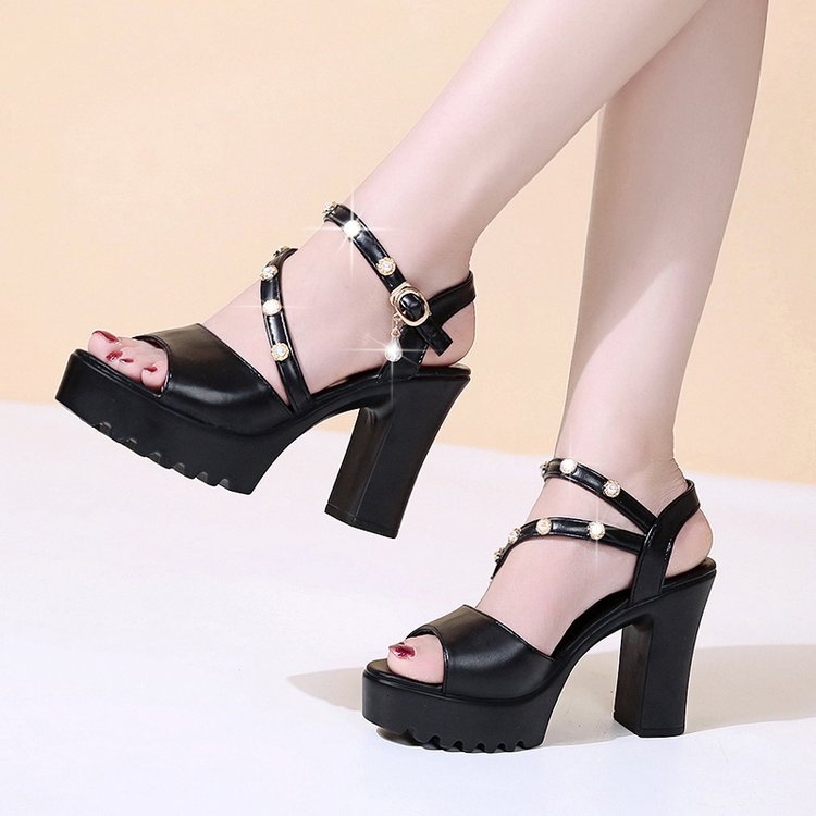 Summer Women High Heeled Sandals Thick Bottom Waterproof Platform Buckle Strap Lady Shoes, Size: 39(Black)