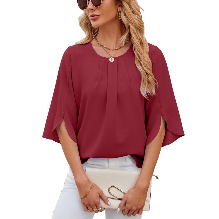 Summer Women Loose Chiffon Blouse Tops Round Neck 5 Points Sleeve Short Sleeve, Size: S(Wine Red)