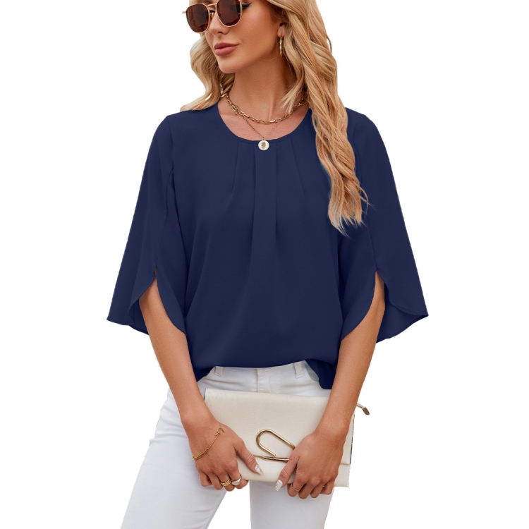 Summer Women Loose Chiffon Blouse Tops Round Neck 5 Points Sleeve Short Sleeve, Size: XL(Navy)