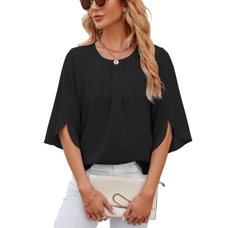 Summer Women Loose Chiffon Blouse Tops Round Neck 5 Points Sleeve Short Sleeve, Size: XXL(Black)