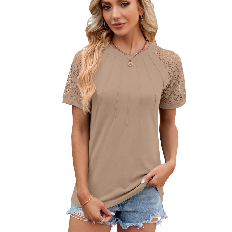 Summer Women Round Neck Flower Lace Patchwork Short Sleeve T-Shirt, Size: XL(Khaki)