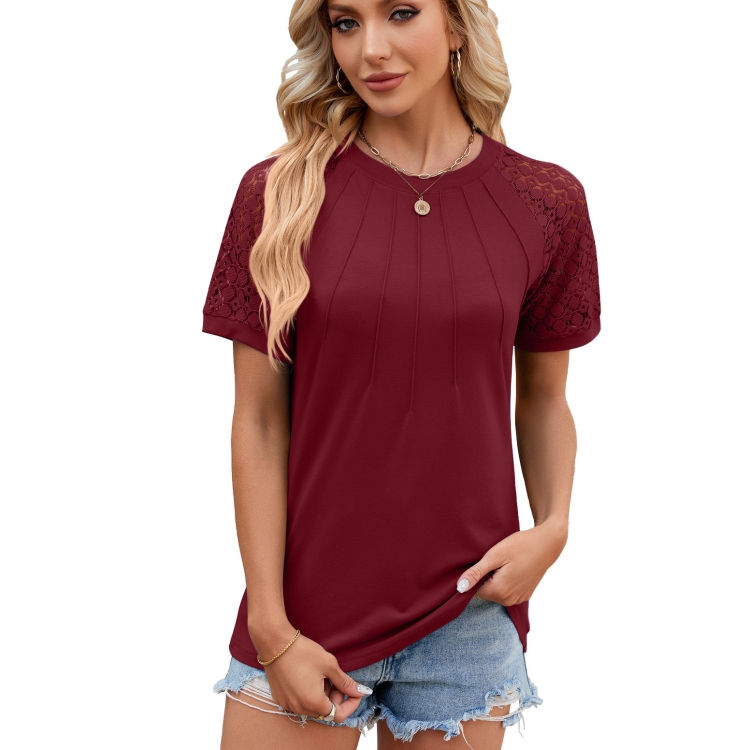 Summer Women Round Neck Flower Lace Patchwork Short Sleeve T-Shirt, Size: XL(Wine Red)