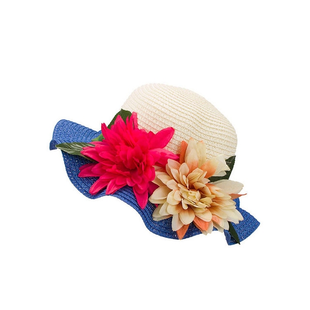 Sun Hats Summer Hats Flower Large Eaves Straw Beach Cap Straw Hat(Sky Blue)