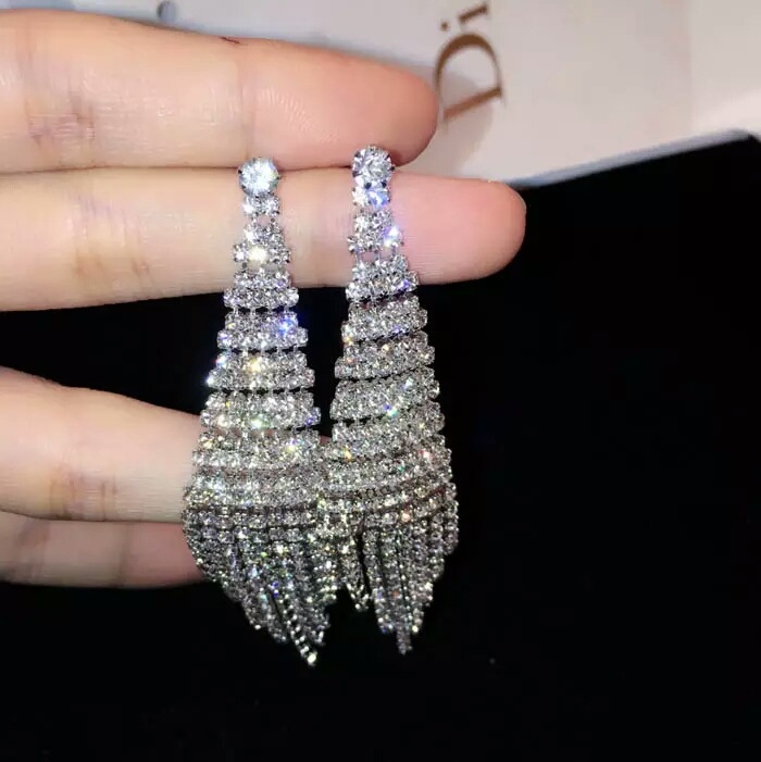 Super Flash Diamond Two-color Tassel Earrings for Women(Silver clip earings)