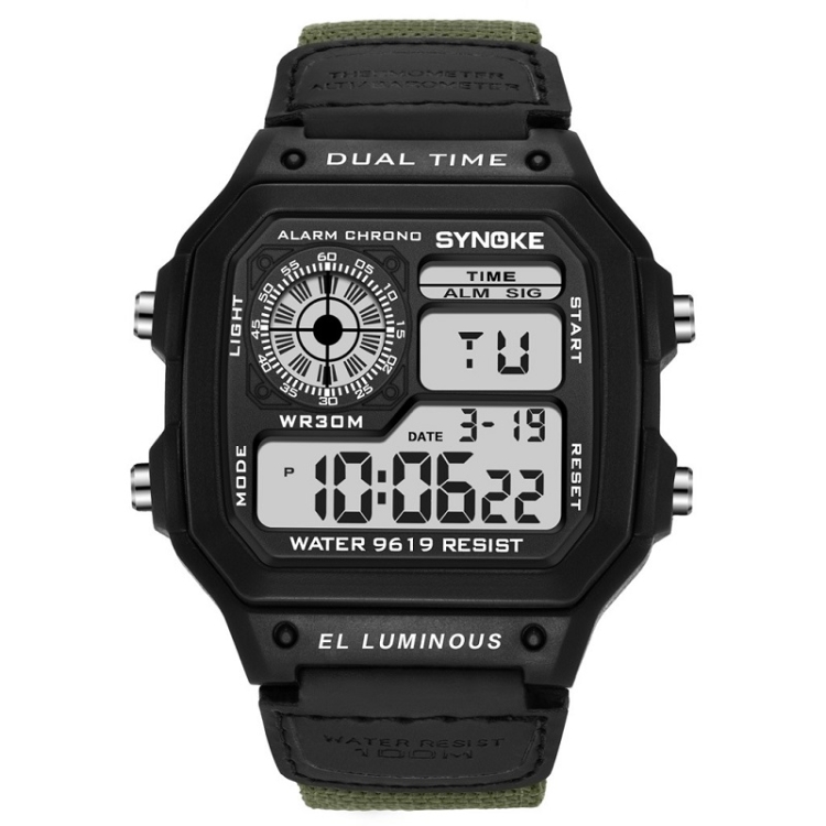 SYNOKE 9619B Nylon Canvas Strap Luminous Waterproof Digital Watch(Black Head Green Belt)
