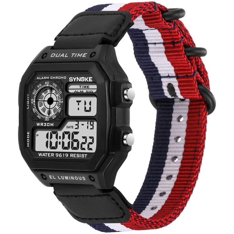 SYNOKE 9619C Nylon Canvas Strap Three-Ring Buckle Vintage Electronic Luminous Watch(Blue White Red)
