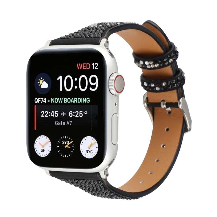 T-shaped Small Waist Flashing Diamond Genuine Leather Watch Band Watch Band For Apple Watch Series 9&8&7 41mm / SE 3&SE 2&6&SE&5&4 40mm / 3&2&1 38mm(Black)