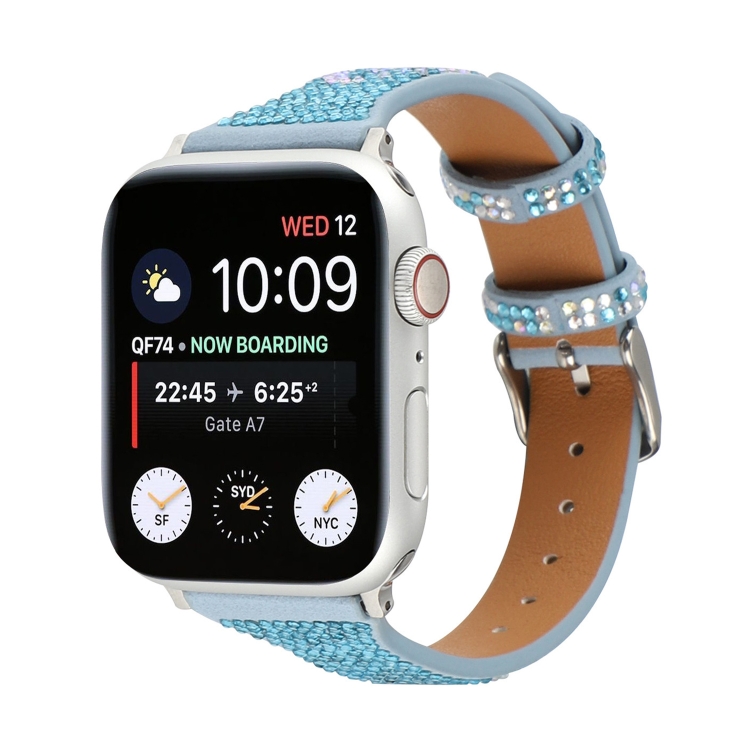 T-shaped Small Waist Flashing Diamond Genuine Leather Watch Band Watch Band For Apple Watch Series 9&8&7 41mm / SE 3&SE 2&6&SE&5&4 40mm / 3&2&1 38mm(Blue)