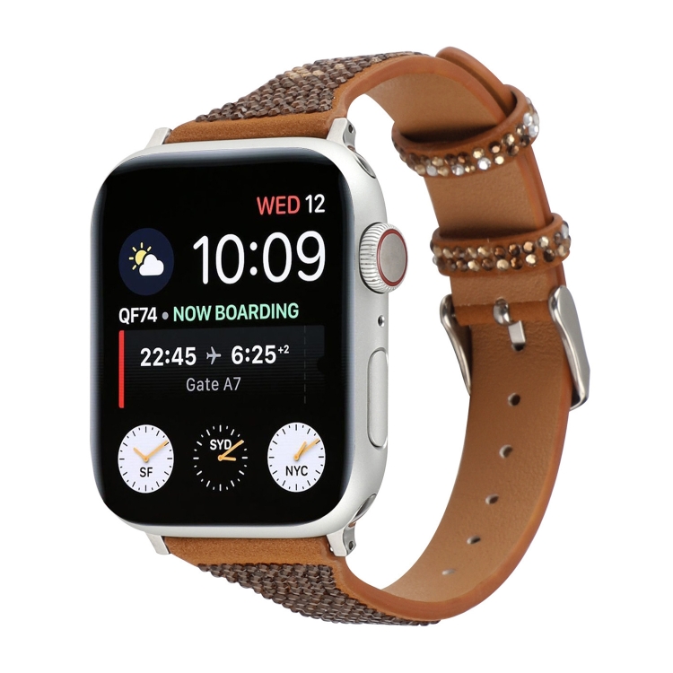 T-shaped Small Waist Flashing Diamond Genuine Leather Watch Band Watch Band For Apple Watch Series 9&8&7 41mm / SE 3&SE 2&6&SE&5&4 40mm / 3&2&1 38mm(Brown)