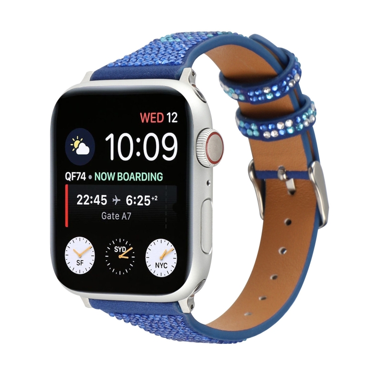 T-shaped Small Waist Flashing Diamond Genuine Leather Watch Band Watch Band For Apple Watch Series 9&8&7 41mm / SE 3&SE 2&6&SE&5&4 40mm / 3&2&1 38mm(Dark Blue)