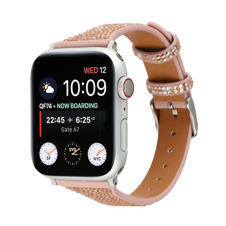T-shaped Small Waist Flashing Diamond Genuine Leather Watch Band Watch Band For Apple Watch Series 9&8&7 41mm / SE 3&SE 2&6&SE&5&4 40mm / 3&2&1 38mm(Rose Gold)