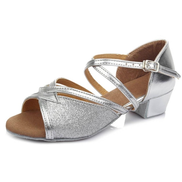 Tango Salsa Latin Low Heel Soft Bottom Dance Shoes for Girls & Women, Shoe Size:27(Silver)