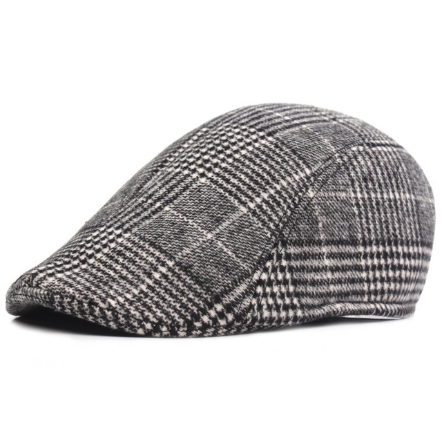 Thick Warm British Style Lattice Woolen Cap(gray)
