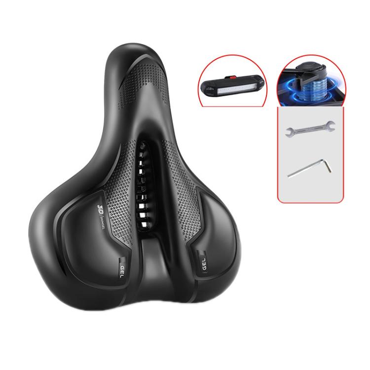 Thickened Universal Bicycle Saddle With Silicone Shock Absorber, Color: Black+USB Rechargeable Taillight(With Tools)