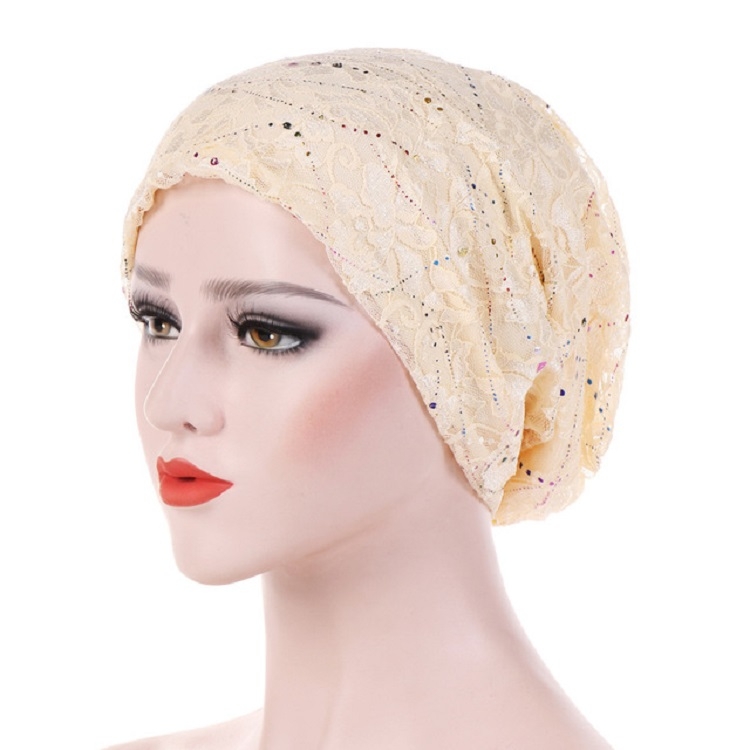 Thin Lace Breathable Wrapped Hat Colorful Dripping Turban Cap, Size:M (56-58cm)(Beige)