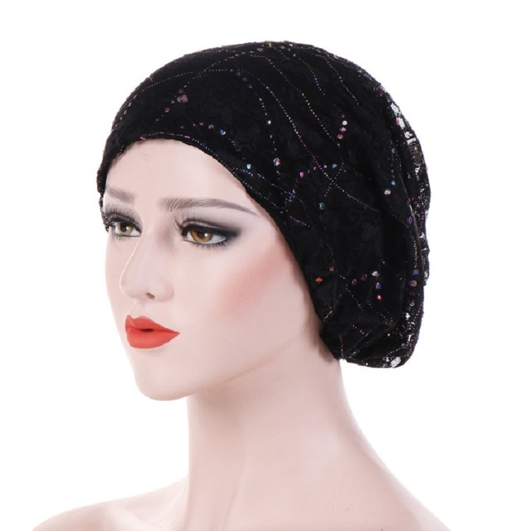 Thin Lace Breathable Wrapped Hat Colorful Dripping Turban Cap, Size:M (56-58cm)(Black)