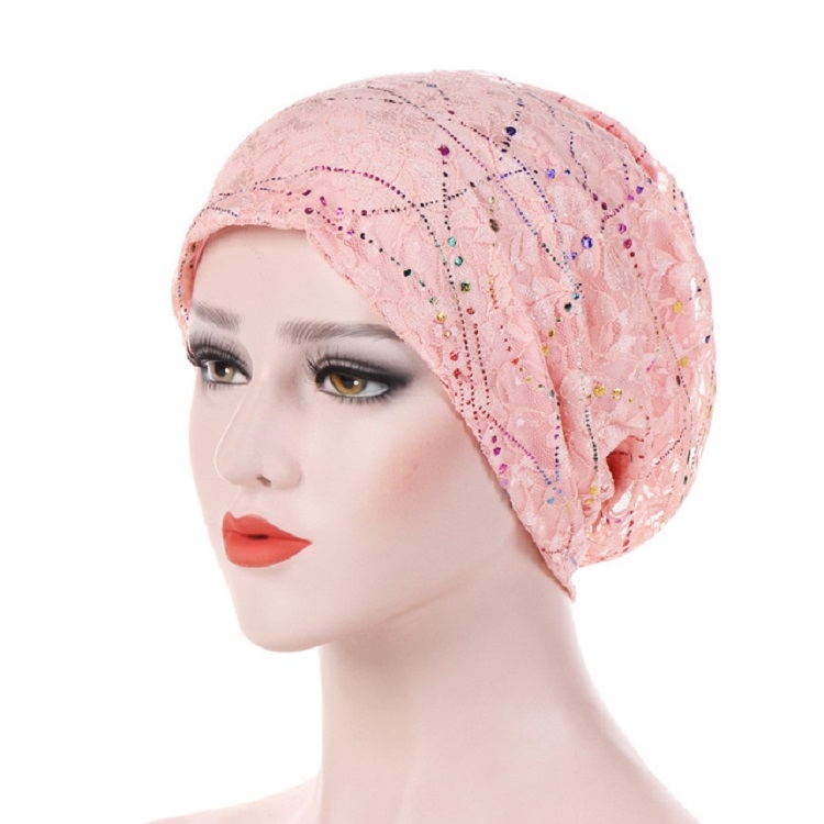 Thin Lace Breathable Wrapped Hat Colorful Dripping Turban Cap, Size:M (56-58cm)(Pink)