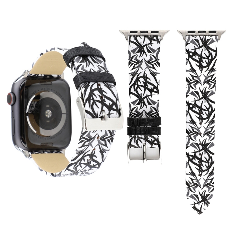 Thorns Printing Genuine Leather Watch Band for Apple Watch Series 10 42mm / 9&8&7 41mm / SE 3&SE 2&6&SE&5&4 40mm / 3&2&1 38mm(Black White)