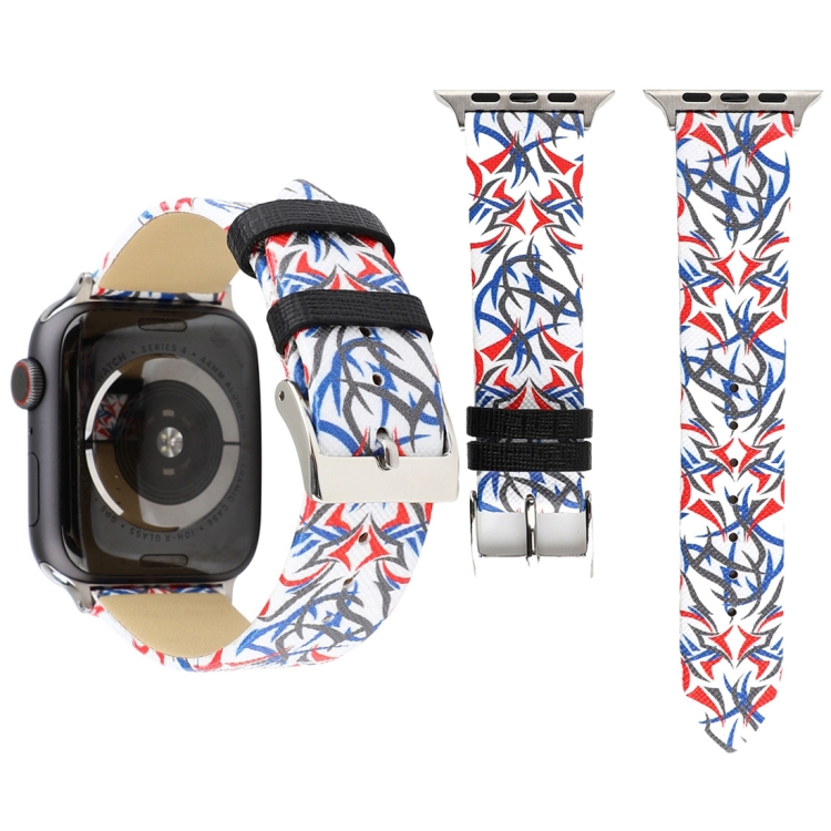 Thorns Printing Genuine Leather Watch Band for Apple Watch Series 10 42mm / 9&8&7 41mm / SE 3&SE 2&6&SE&5&4 40mm / 3&2&1 38mm(Blue + Red)