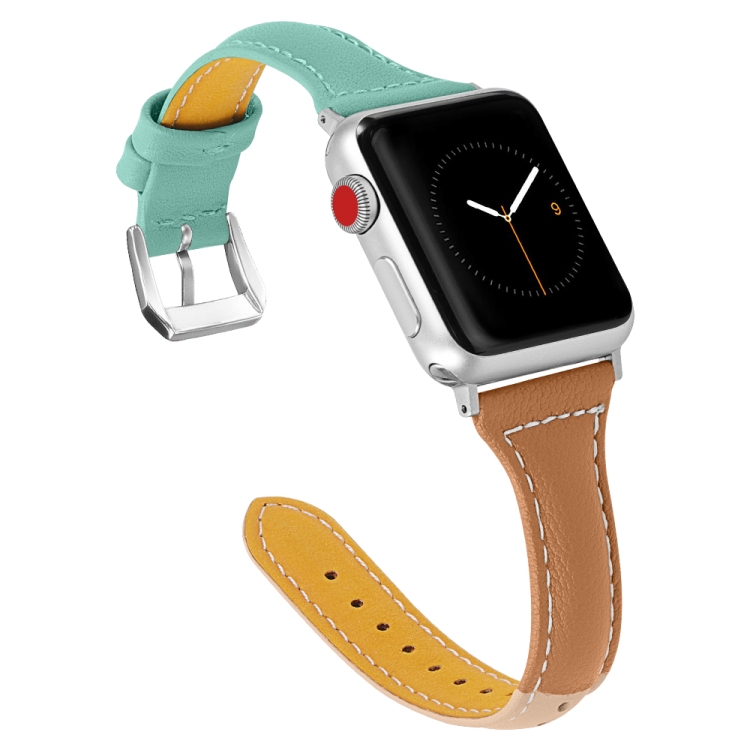Three-color T-shape Leather Watch Band For Apple Watch Series 9&8&7 41mm / SE 3&SE 2&6&SE&5&4 40mm / 3&2&1 38mm (Apricot Brown + Mint Green)