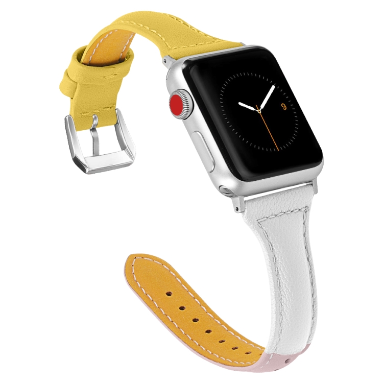 Three-color T-shape Leather Watch Band For Apple Watch Series 9&8&7 41mm / SE 3&SE 2&6&SE&5&4 40mm / 3&2&1 38mm (White Pink+Yellow)