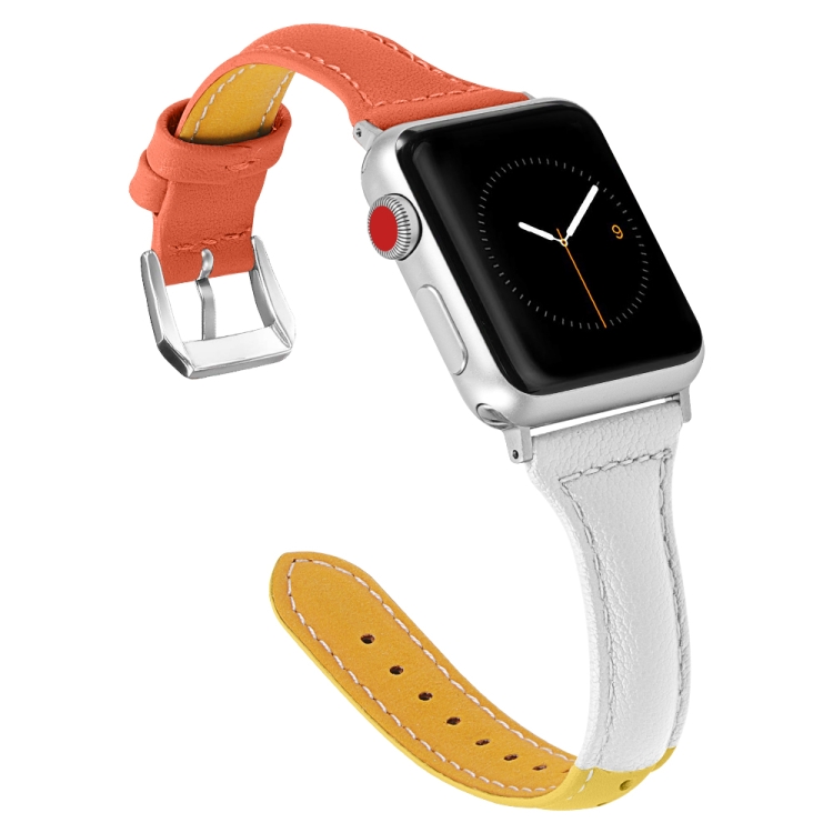 Three-color T-shape Leather Watch Band For Apple Watch Series 9&8&7 41mm / SE 3&SE 2&6&SE&5&4 40mm / 3&2&1 38mm (Yellow White+Orange)