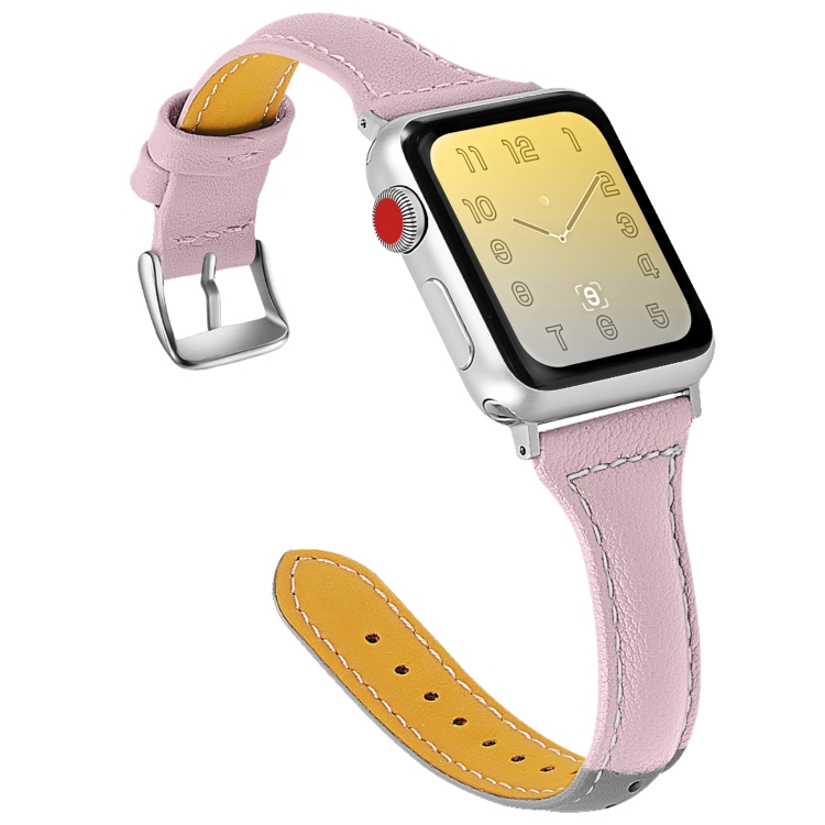 Three-color T-shape Leather Watch Band For Apple Watch Series 9&8&7 41mm / SE 3&SE 2&6&SE&5&4 40mm / 3&2&1 38mm(Grey Pink+Light Grey)