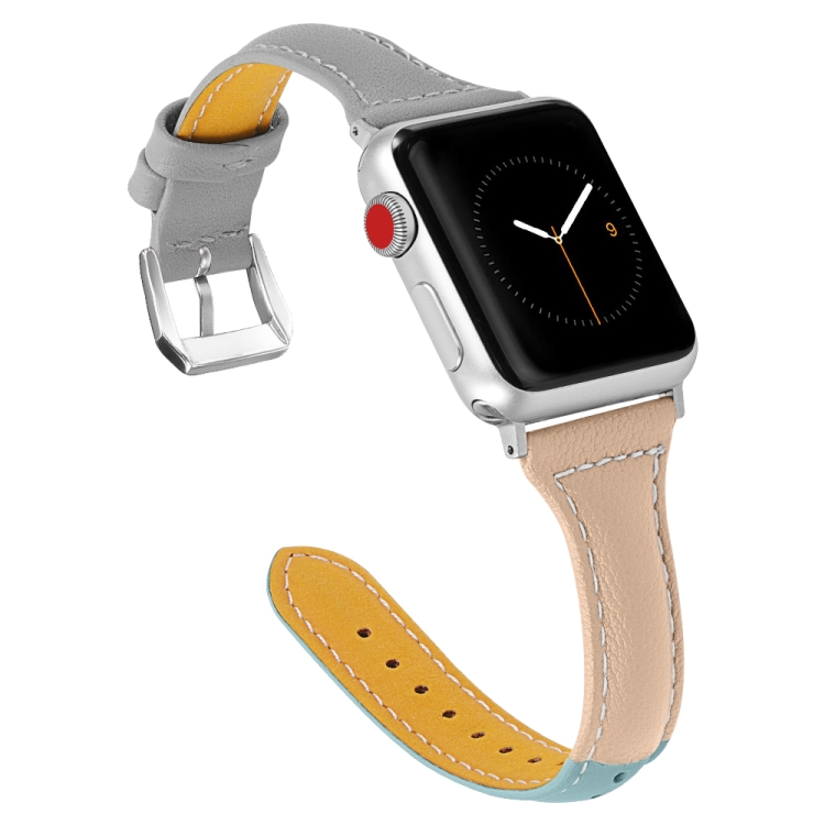 Three-color T-shape Leather Watch Band For Apple Watch Ultra 49mm&Watch Ultra 2 49mm / Series 9&8&7 45mm / SE 3&SE 2&6&SE&5&4 44mm / 3&2&1 42mm (Blue Apricot + Grey)