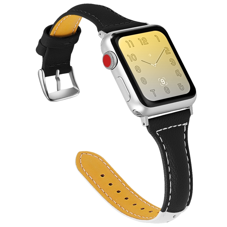 Three-color T-shape Leather Watch Band For Apple Watch Ultra 49mm&Watch Ultra 2 49mm / Series 9&8&7 45mm / SE 3&SE 2&6&SE&5&4 44mm / 3&2&1 42mm(White Black + Black)