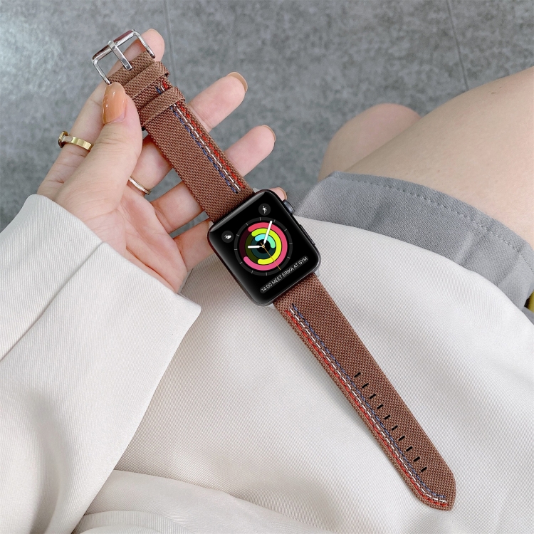 Three Lines Canvas Watch Band For Apple Watch Series 9&8&7 41mm / SE 3&SE 2&6&SE&5&4 40mm / 3&2&1 38mm(Brown)