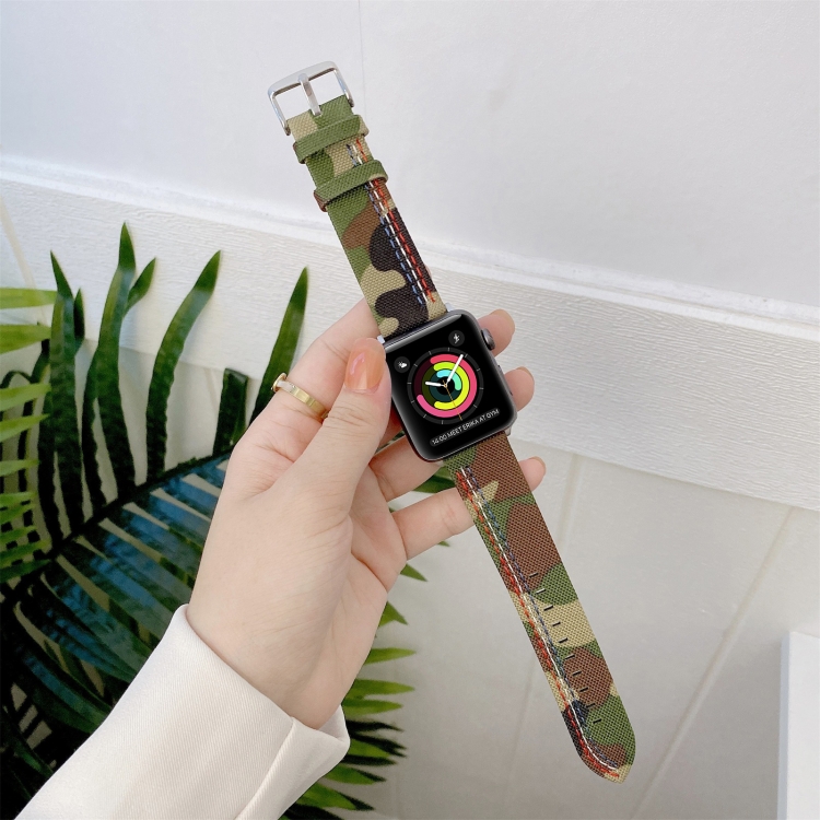 Three Lines Canvas Watch Band For Apple Watch Series 9&8&7 41mm / SE 3&SE 2&6&SE&5&4 40mm / 3&2&1 38mm(Camouflage Green)