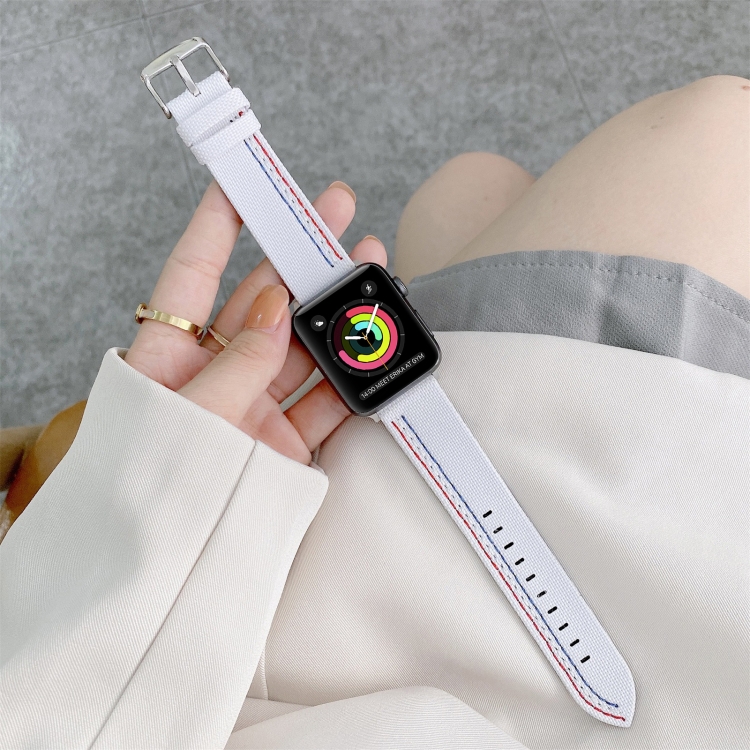 Three Lines Canvas Watch Band For Apple Watch Series 9&8&7 41mm / SE 3&SE 2&6&SE&5&4 40mm / 3&2&1 38mm(White)