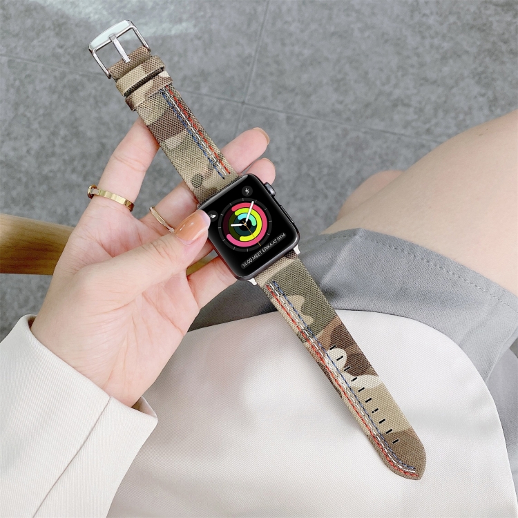 Three Lines Canvas Watch Band For Apple Watch Ultra 49mm&Watch Ultra 2 49mm / Series 9&8&7 45mm / SE 3&SE 2&6&SE&5&4 44mm / 3&2&1 42mm(Camouflage)