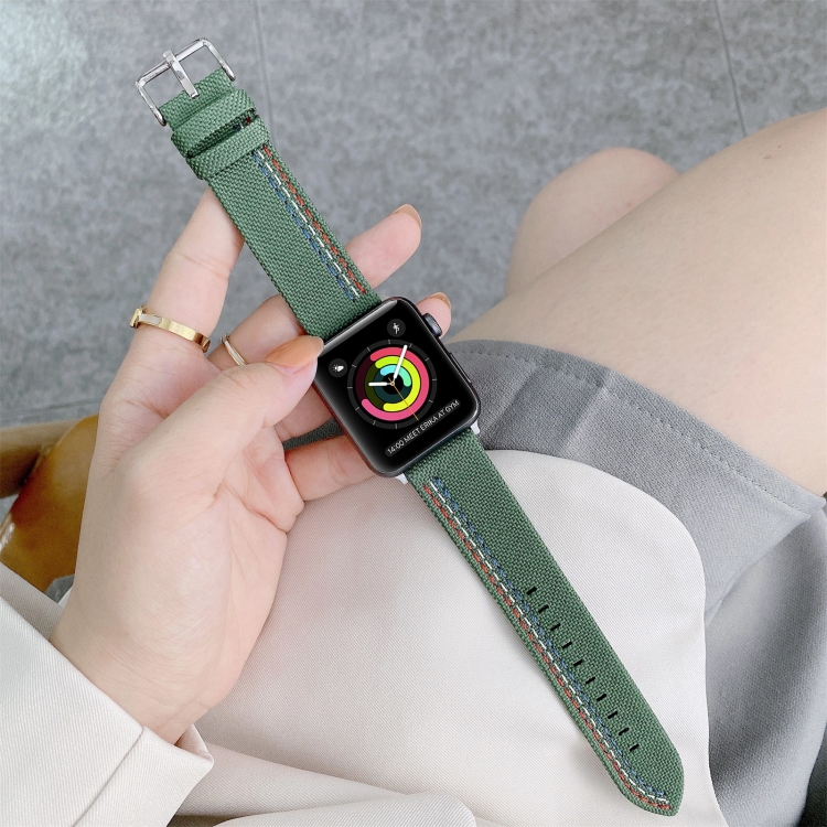 Three Lines Canvas Watch Band For Apple Watch Ultra 49mm&Watch Ultra 2 49mm / Series 9&8&7 45mm / SE 3&SE 2&6&SE&5&4 44mm / 3&2&1 42mm(Green)
