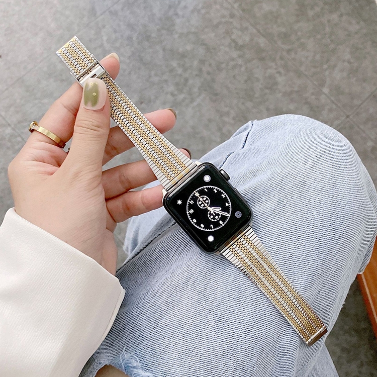 Three Lines Steel Watch Band For Apple Watch Ultra 49mm&Watch Ultra 2 49mm / Series 9&8&7 45mm / SE 3&SE 2&6&SE&5&4 44mm / 3&2&1 42mm(Silver Gold)
