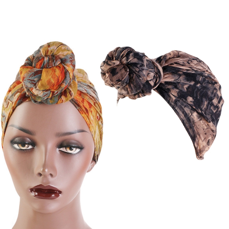 Tie-Dye Ball Turban Hat Ethnic Style Knotted Hat Ladies Scarf Wrap Head Hat(Black)