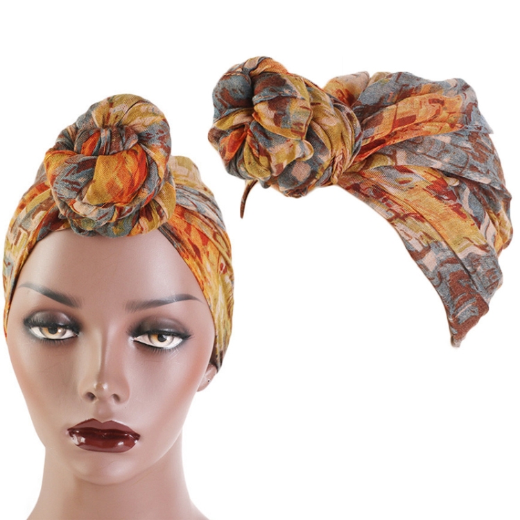Tie-Dye Ball Turban Hat Ethnic Style Knotted Hat Ladies Scarf Wrap Head Hat(Grayish Yellow)