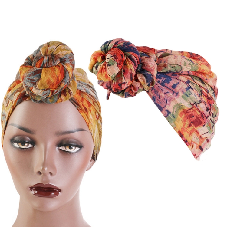 Tie-Dye Ball Turban Hat Ethnic Style Knotted Hat Ladies Scarf Wrap Head Hat(Navy Green)